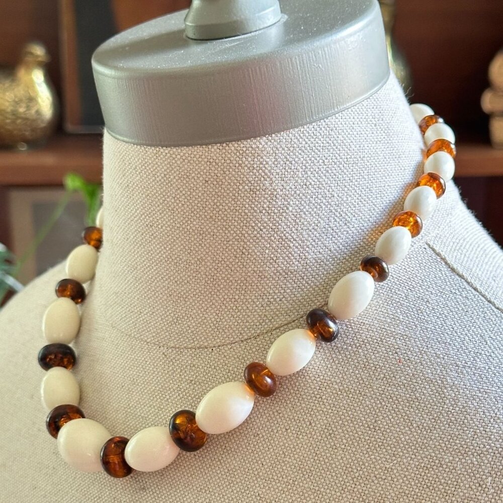 Vintage Cream & Amber Lucite Bead Necklace 18" Chunky Statement Piece